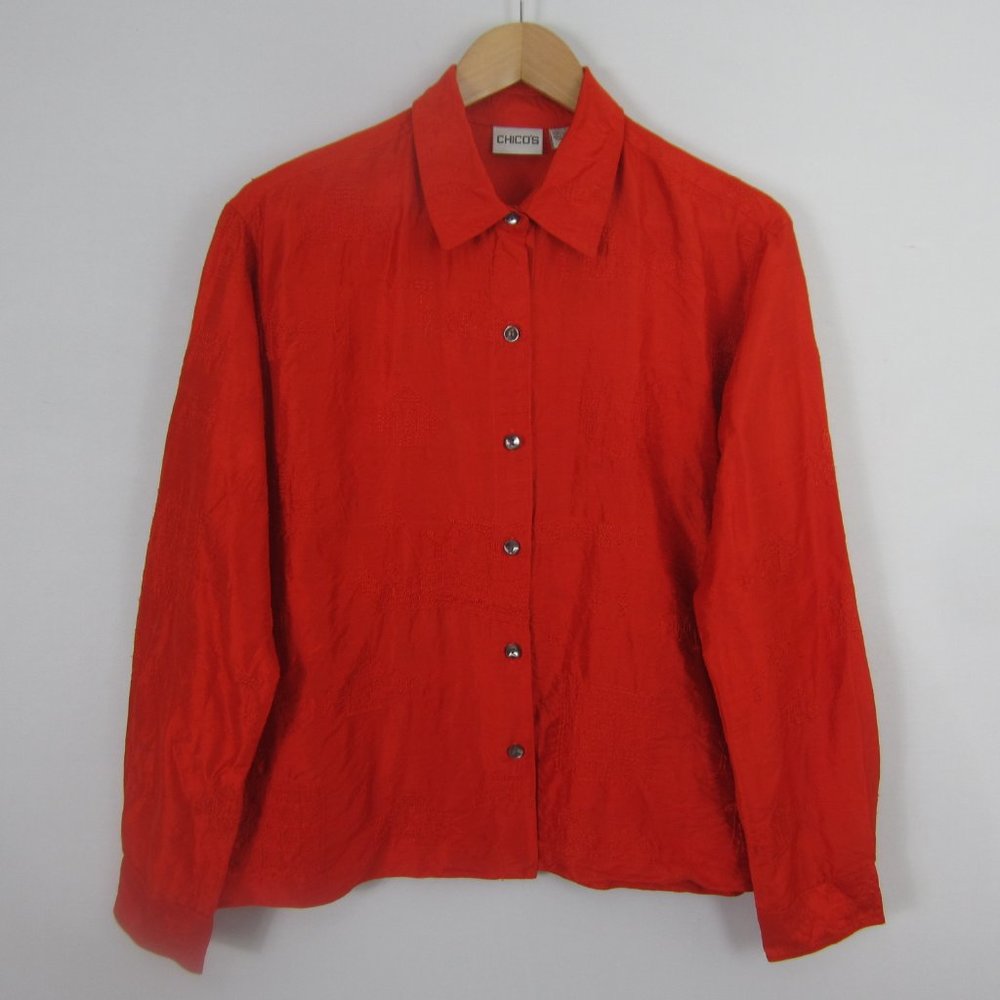 Chicos 1 Womens Medium Orange LS Asian Embroidered Silk Kimono Tunic Shirt Top M